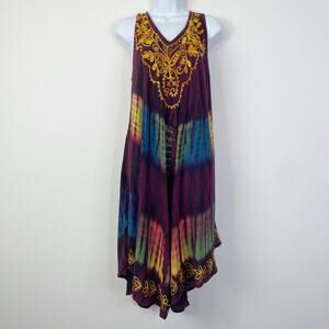 NF Embroidered Tie Dye Midi Swing Dress Free‎ Size Beachy Boho Festival Hippie